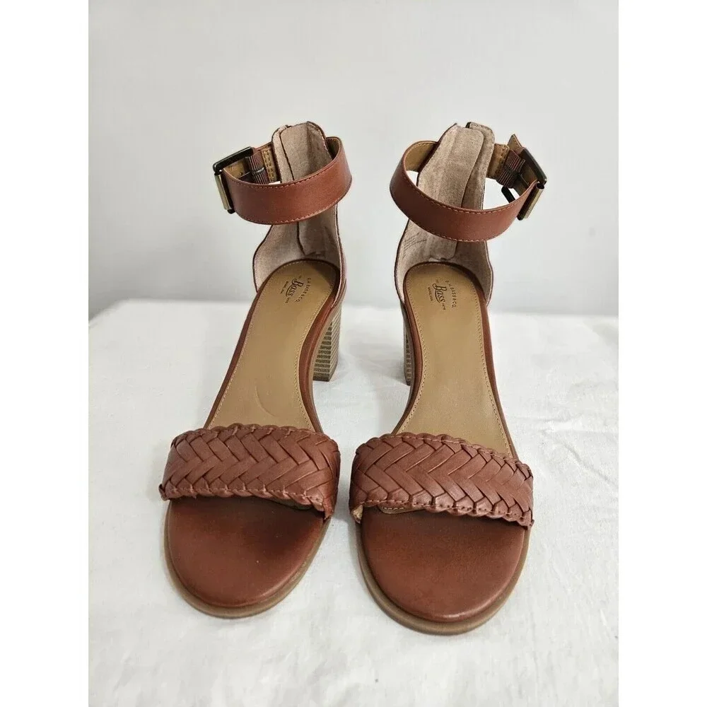 BASS Perri Sandals Womens Size 9M Brown Chunky Heel Ankle Strap Braided - Picture 2 of 11